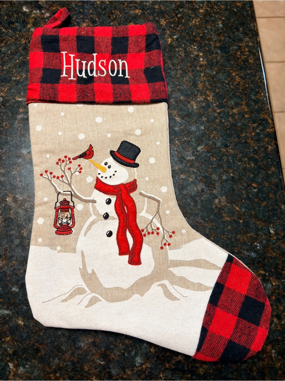 Red and Black Buffalo Plaid Snowman Christmas Stocking Embroiderd with HUDSON